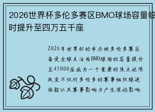 2026世界杯多伦多赛区BMO球场容量临时提升至四万五千座 2026世界杯多伦多赛区BMO球场容量临时提升至四万五千座