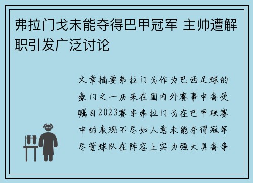 弗拉门戈未能夺得巴甲冠军 主帅遭解职引发广泛讨论