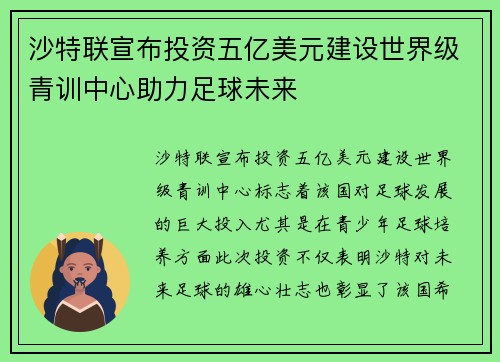 沙特联宣布投资五亿美元建设世界级青训中心助力足球未来 沙特联宣布投资五亿美元建设世界级青训中心助力足球未来