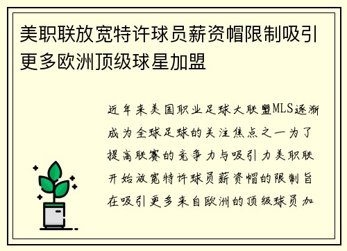 美职联放宽特许球员薪资帽限制吸引更多欧洲顶级球星加盟