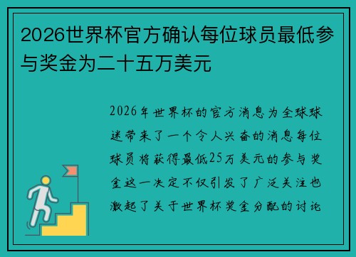 2026世界杯官方确认每位球员最低参与奖金为二十五万美元